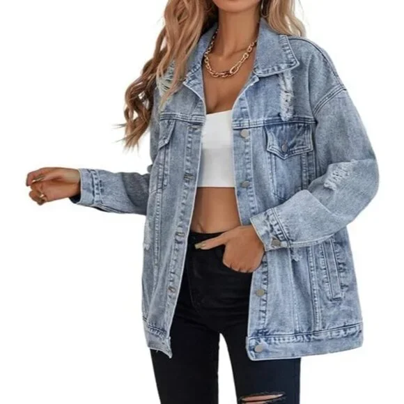 Women's Long Oversized Denim Jacket Ripped Distressed Jean Jackets Light Blue